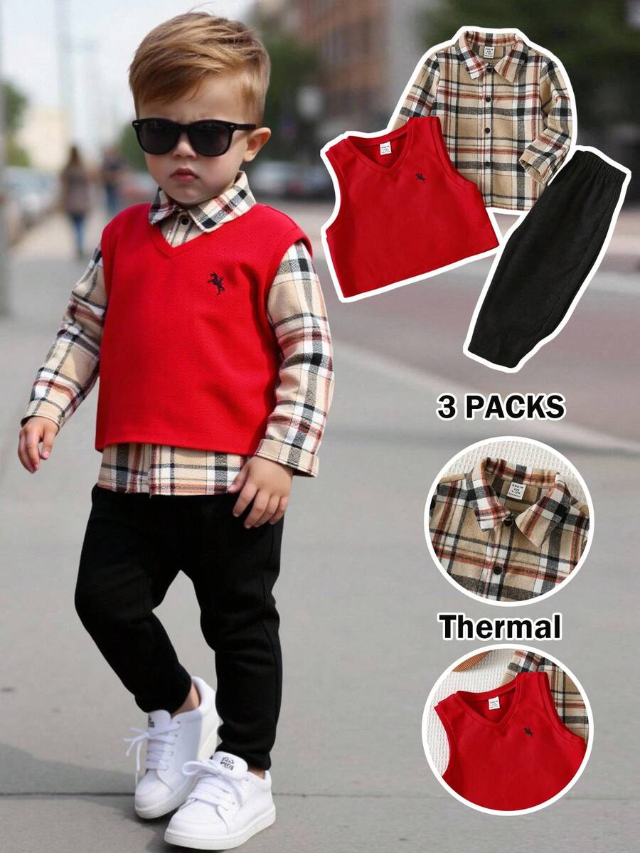 Set 3 piese ținute casual pentru bebeluși băieți: Vestă roșie culoare solidă, Vestă cu imprimeu de cai, Cămașă în carouri, Pantaloni casual negri, Potrivit pentru petrecere de ziua de naștere, petrecere de seară, spectacol, nuntă, petrecere baby shower, botez, sărbătoarea primei aniversări. Haine pentru bebeluși băieți de 3 ani cu mânecă standard. Seturi pentru bebeluși băieți de 3 ani. Set rochii pentru bebeluși băieți de 3 ani. Seturi de haine pentru bebeluși de 3 ani. - Multicolor - Vizualizare 1
