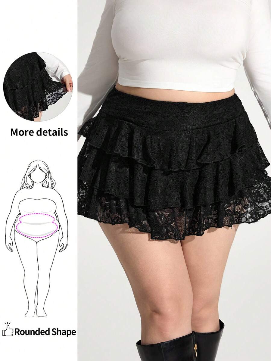 Enliva Abidrinkell Plus Size Solid Color Lace Cake Skirt, Casual And Comfortable For Summer Vacation, For Apple Rounded Body Shape - Black - View 1