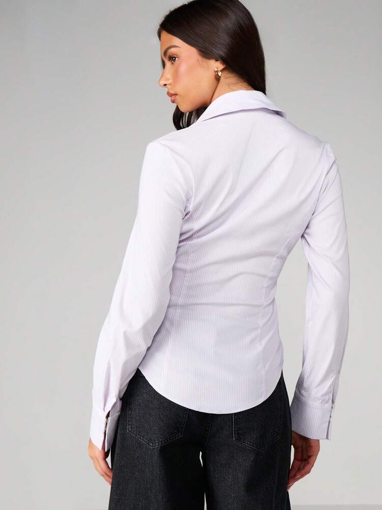 MISSGUIDED Blouse à manches longues rayées avec détail de taille froncée et col chemisier pour le bureau, décontracté au printemps et en été