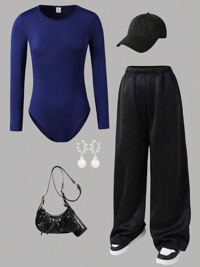 SHEIN 2pcs/Set Teen Girl Elegant Bow Decor Slim Fit Long Sleeve Top And Butterfly Print Wide Leg Pants, Suitable For Dates And Outings, Suitable For Autumn And Spring Pants And Top Set Clothing Set Outfit Set Full Outfit Set Womens Outfit Set