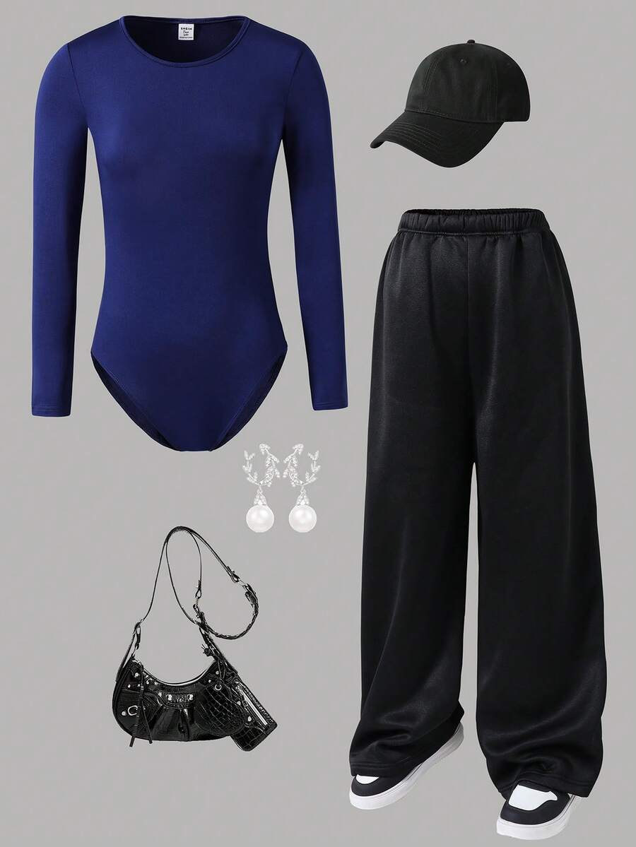 SHEIN 两件套少女优雅蝴蝶结装饰修身长袖上衣和蝴蝶印花阔腿裤，适合约会和外出，适合秋冬季节穿着。