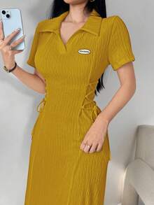 Modelyn 女士纯色贴花系带翻领短袖连衣裙长款女装 - 芥末黃 - 查看 8
