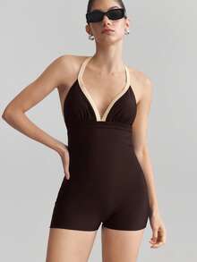 Ontre 2026春夏新款女士沙滩装，独立日主题，舒适休闲风，修身剪裁，女士连体泳衣，藏蓝色搭配杏色撞色，挂脖设计，平角短裤，春夏沙滩装，舒适休闲泳装，适合游泳 - 棕色 - 查看 4