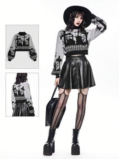 Gothic Cross & Tombstone Jacquard Contrast Color Turtleneck Lantern Sleeve Pullover Sweater
