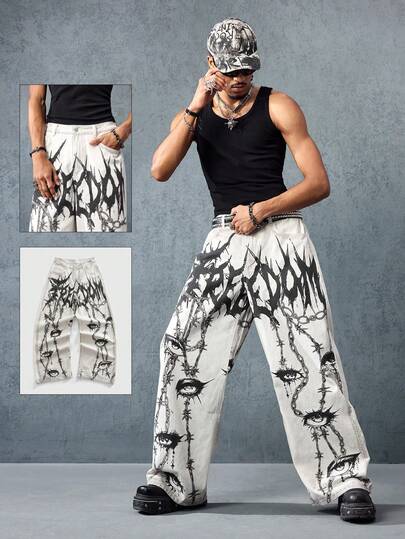 Anime Herren Jeans mit geradem Bein und kontrastfarbigem Muster-Motiv