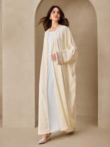 Graceveil 优雅长袖蕾丝拼接系带女式长袍 - 杏色 - 查看 8