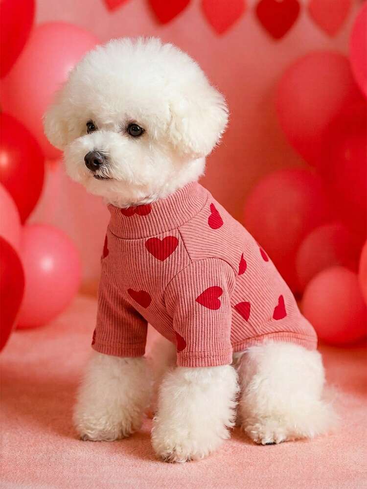 PETSIN 1 Pieza de ropa para mascotas con patrón en forma de corazón para el Día de San Valentín para gatos/perros, cómoda camiseta rosa para todas las estaciones - Rosa - Añade 4