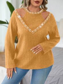 Elenzga Damen Große Größen Kunstperlen Dekor Ausschnitt Schulter Langarm T-Shirt, Frühling Herbst - Rötlich-braun - Übersicht 8