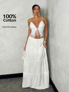 SHEIN BAE 女士夏季海滩度假浪漫约会日常外出蕾丝拼接吊带背心+低腰褶皱A字长裙套装，白色亚麻面料