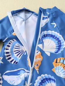 SHEIN Unisex Baby 2pcs/Set Blue Summer Cute Vacation Holiday Shell & Seafood Pattern Long Sleeve Rash Guard Sun Hat Swimsuit Set,Beach Surfing Swimwear - Dusty Blue - View 7