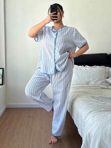 Dream Adore Conjunto de pijama de cárdigan corto y largo a rayas para mujer de talla grande, conjunto de camisa casual de mezcla de algodón - Azul - Ver 4