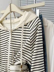 INAWLY Casual Striped Drawstring Sweatshirt, Autumn - Apricot - View 6