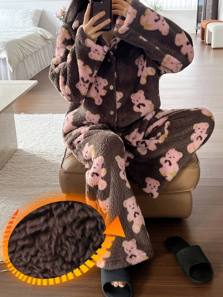 DAZY Women's Bear Pattern Plush Loose Pajama Set, Winter - Coffee Brown - View 1
