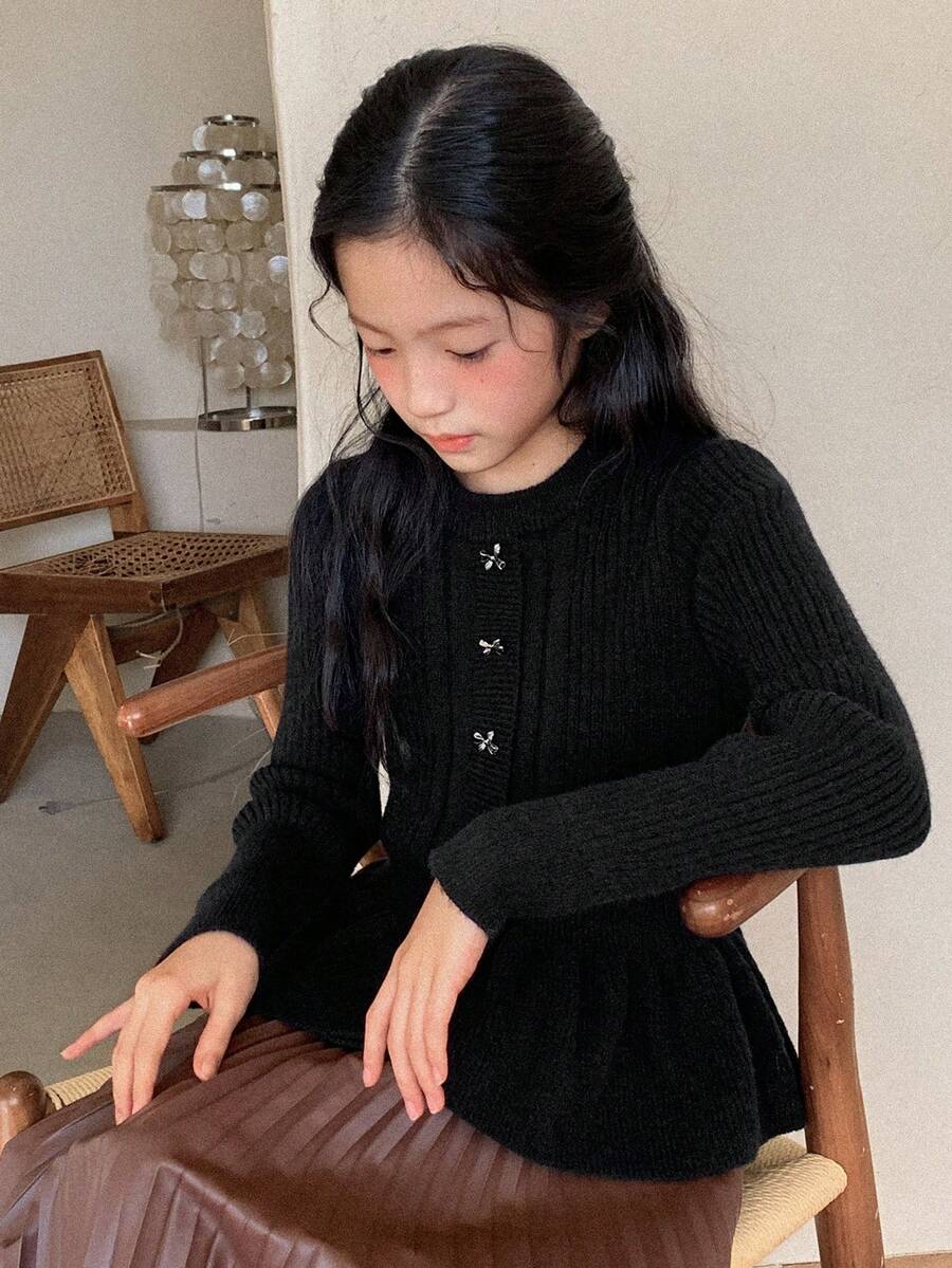DAZY Tween Girl Casual Cardigan With Bow Decor And Ruffle Hem, Autumn/Winter - Black - View 1