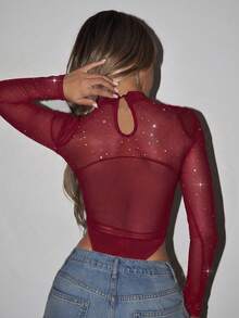 SHEIN ICON Mock Neck High Cut Mesh Black Bodysuit