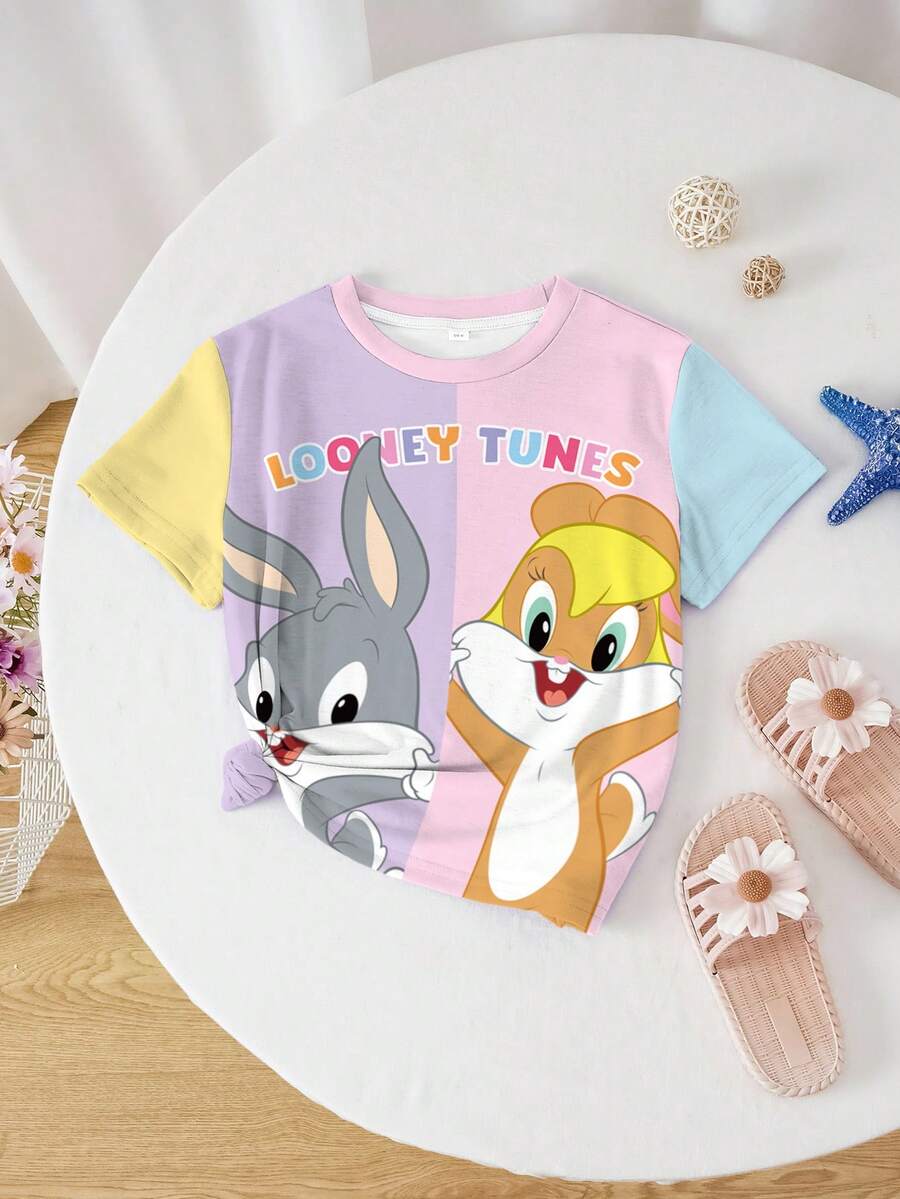 LOONEY TUNES X SHEIN Camiseta de manga corta de verano con estampado de conejo y bloques de color casual y linda para niña preadolescente - Blanco - Ver 1
