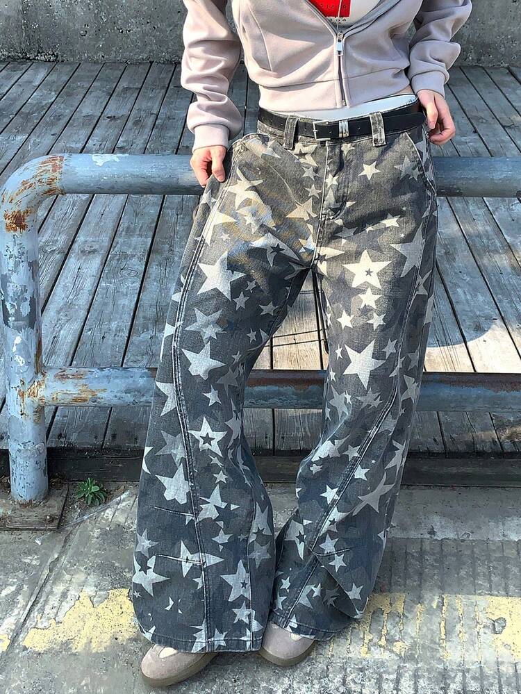 Women's Washed Five-Pointed Star All-Over Print Streetwear Vintage Korean Style Casual Relaxed Fit Jeans