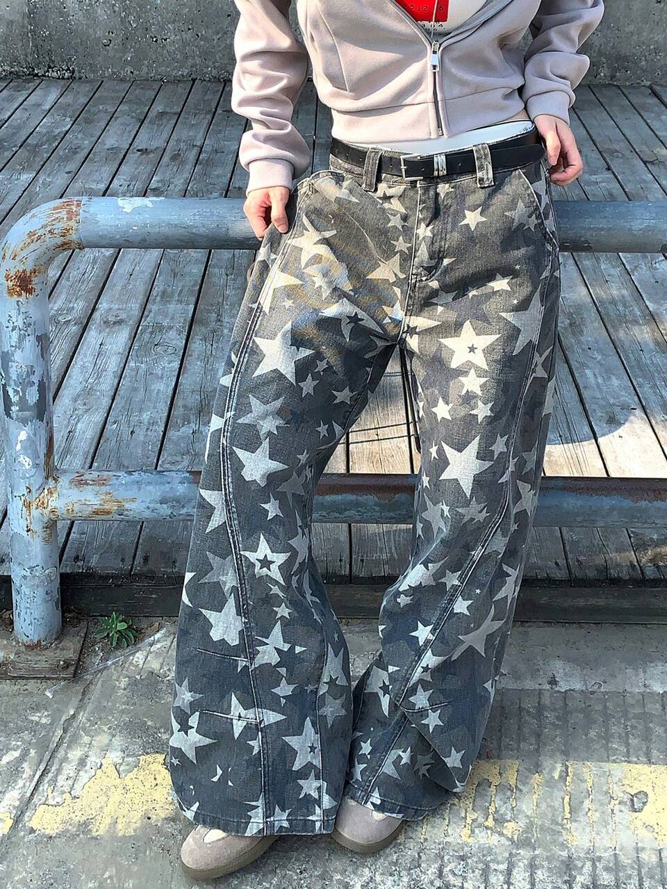 Women's Washed Five-Pointed Star All-Over Print Streetwear Vintage Korean Style Casual Relaxed Fit Jeans