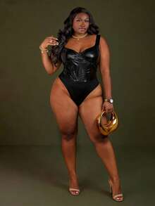 CurvyTilda 大码女式夏/秋季PU罩杯结构吊带背心连体衣 - 黑色 - 查看 3