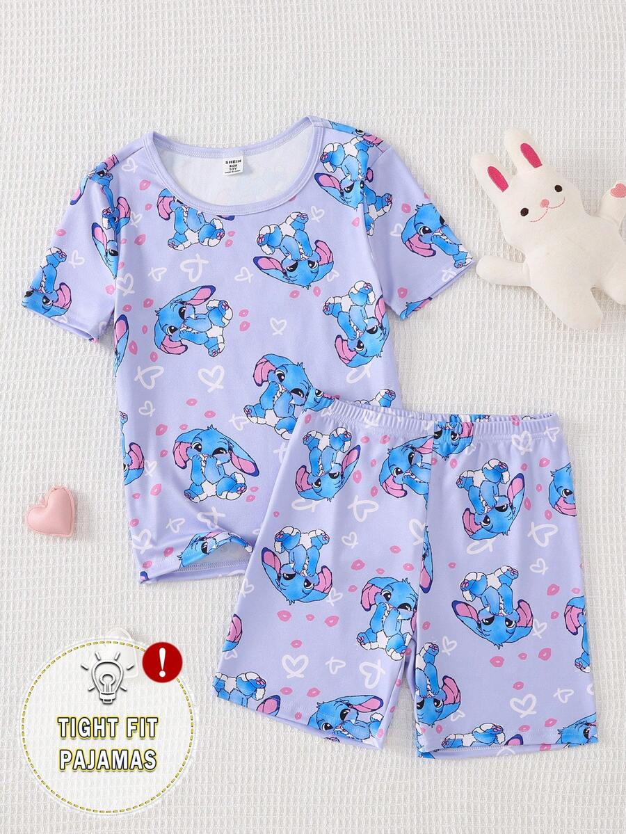 SHEIN GraphicGems Girls' Cute Rabbit & Heart Print Purple Round Neck Short Sleeve Shorts Knit Stretchy Fabric Comfortable Fitted 2 Pieces Loungewear Set - Multicolor - View 1