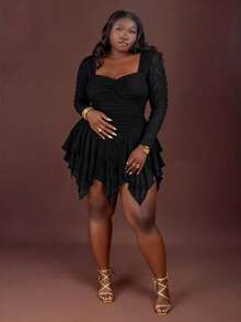 CurvyTilda Plus Size Women's Solid Color Pleated Square Neck Long Sleeve Asymmetrical Hem Dress, Y2k Vintage Asymmetrical Hem Dress, Halloween Costume, Witch Costume Black Dress, For Hourglass Body Shape - Black - View 3