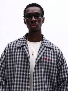 SUMWON Men's Long Sleeve Checked Graphic Button Down Shirt With Embroidered Logo Detail Regular Fit Collared Top - Black and White - View 4