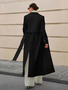 EURMUSE Lapel Collar Double-Breasted Belt Extra Long Overcoat - Black - View 2