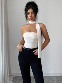 Elenzga Elegant Women's Bodysuit With Ribbed Mesh Patchwork, Ruched Bust, And Ribbon Neck Tie, Casual Vacation Wear For Early Spring/Summer, Stylish Apricot Top