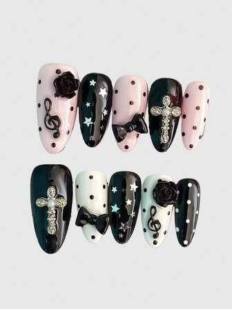 Anime 10 piezas de uñas postizas decorativas con estampados retro Y2K de estrellas, lunares, rayas, arte pop, grunge y notas musicales, hechas a mano, adecuadas para la universidad, festivales de música, citas, etc.