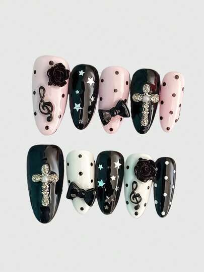 Anime 10 pezzi di unghie finte decorative in stile retrò Y2K, con motivi a stelle, pois, righe, pop art, grunge, note musicali, fatte a mano, adatte per college, festival musicali, appuntamenti, ecc.