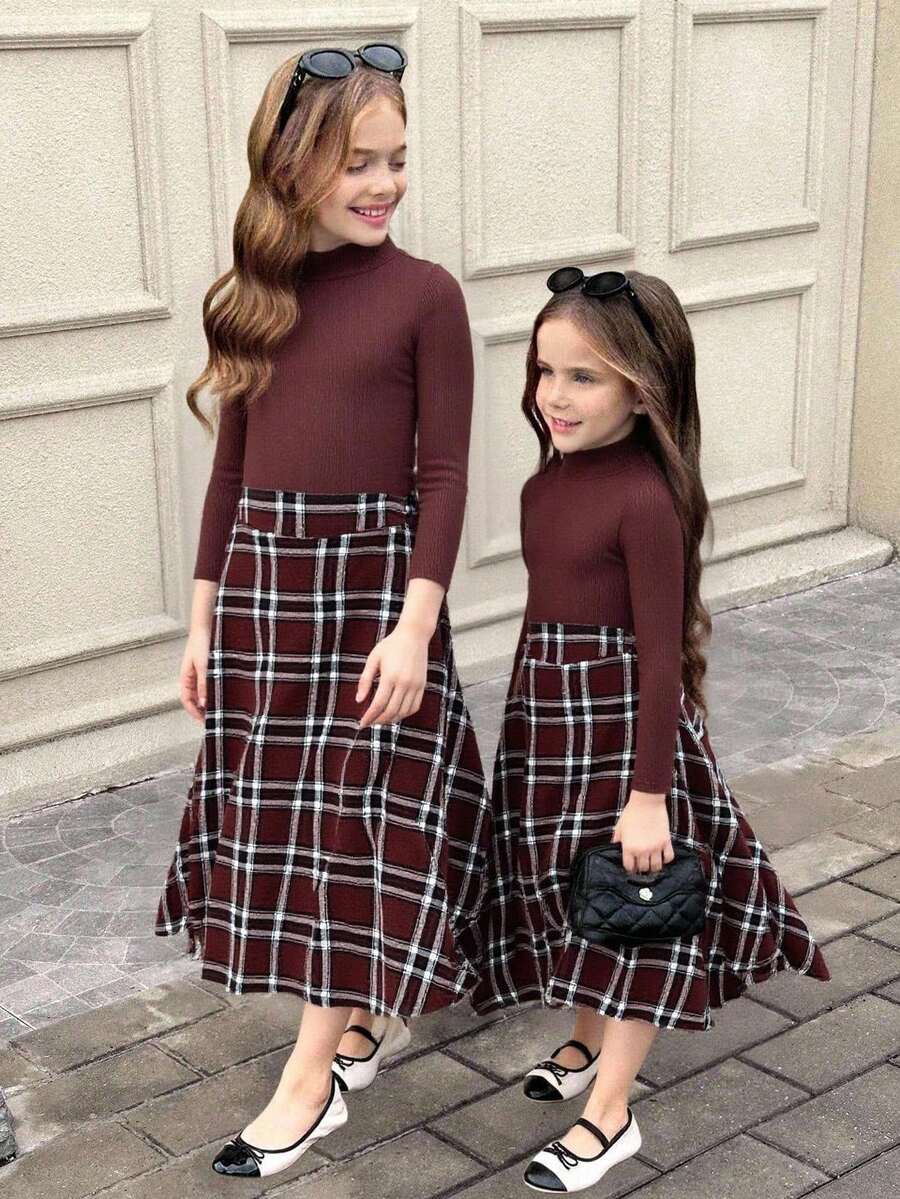 Tween Girls' Colorblock Long Sleeve Turtleneck Top & Plaid Mini Skirt Set - Brown - View 1