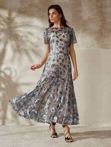 Anewsta Rochie elegantă pentru femei, cu paiete brodate, cu coadă de pește, ocazie formală, petrecere, sărbătoare, luxoasă și grațioasă - Gri deschis - Vizualizare 3
