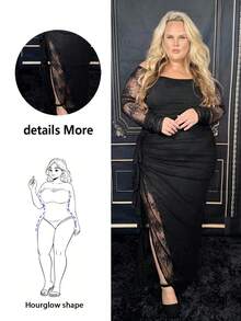 Hourglow Dollyholly86 Plus Size Women's Lace Off Shoulder Ruched Ruffle Hem Romantic Flowy Elegant Party Long Bodycon Green Dress,Graduation Dress, For Hourglass Body Shape - Black - View 2