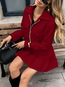 Pariaura 2pcs Grey Woolen Set, Cropped Top + Pleated Skirt, Autumn/Winter, Collegiate Girl, Youthful, Retro Korean, Utility Style - Burgundy - View 6