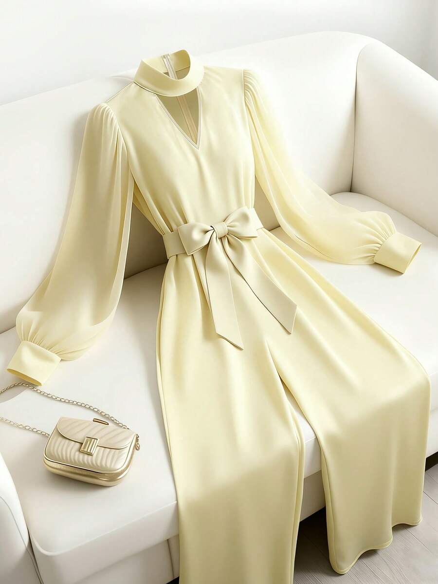 Qadelle Elegant Women's Jumpsuit With Puff Sleeves, V-Neck, Waist Cinching, And Mesh Panels In Cream Color - Light Yellow - View 1