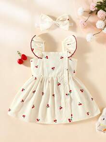 SHEIN 2件套女婴/幼儿可爱水彩花卉印花无袖连衣裙和发带套装，夏季