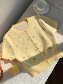 Comfortcana 2026新款时尚女士圆领波点图案休闲百搭短袖开衫，适合夏季、情人节、春假、狂欢节、海滩、生日等场合穿着，也是外出活动的理想之选。 - 鵝黃色 - 查看 5