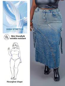 CurvyTilda Plus Size Women's Denim Skirt With Cargo Pockets Long Denim Skirt, For Hourglass Body Shape - Blue - View 9