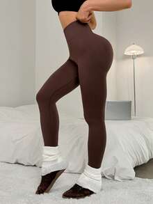 Slayform 女士无缝V腰收腹瑜伽紧身裤 棕色瑜伽裤 - 咖啡棕 - 查看 4