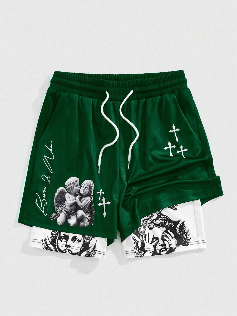 ROMWE MEN Goth Spring/Summer Casual Graphic Men'S Angel Print Contrast Color 2 In 1 Sports Shorts - Green - View 1
