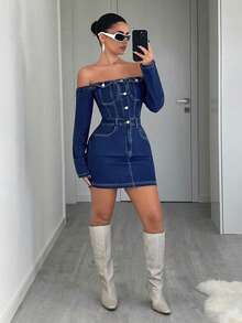 Jeanoix Y2K Women's Fitted Casual Sexy Versatile Denim Camisole Dress With Long Sleeves - Dark Wash - View 3