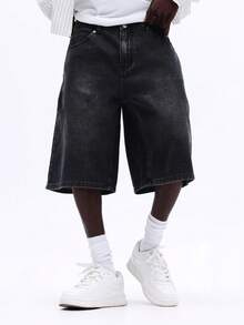 SUMWON Quần short Bermuda dáng rộng, ống loe, dài đến đầu gối, chất liệu denim mài bạc màu, kiểu dáng mùa hè thoải mái, rộng rãi. - Xám - Xem 1