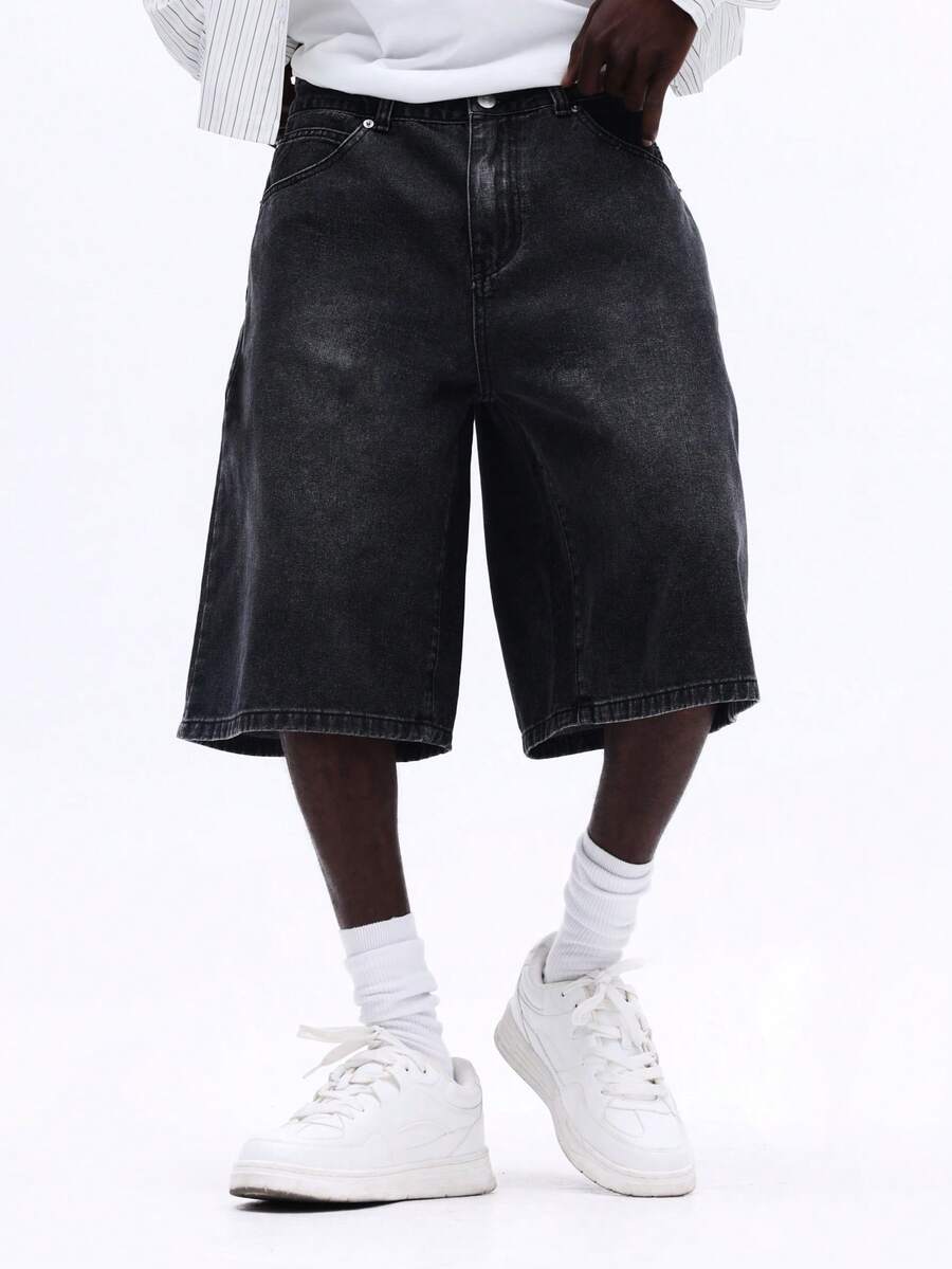 SUMWON Quần short Bermuda dáng rộng, ống loe, dài đến đầu gối, chất liệu denim mài bạc màu, kiểu dáng mùa hè thoải mái, rộng rãi. - Xám - Xem 1