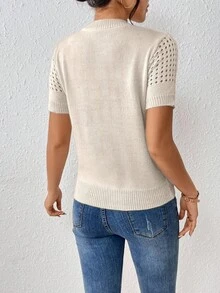 EMERY ROSE Blusa de punto de cuello redondo de unicolor y manga corta para verano, ropa para Año Nuevo - Albaricoque - Ver 2