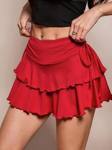 SHEIN PETITE Women's Solid Color Drawstring Pleated Waist Skirt,Valentine's Day - Burgundy - View 5