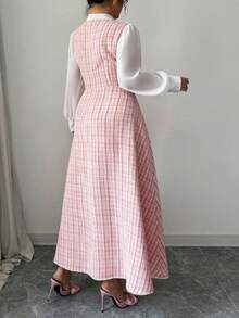 Modelyn Plus Size Tweed Woven Textured Long Sleeve Fitted A-Line Dress, Autumn/Winter - Pink - View 2