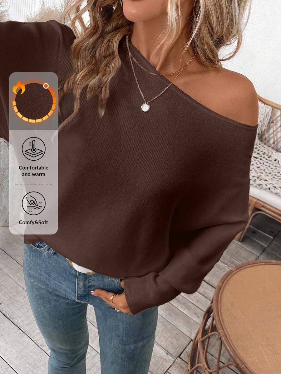 SHEIN LUNE 女士休闲露肩蝙蝠袖纯色针织毛衣，秋冬季宽松套头衫 - 咖啡棕 - 查看 1