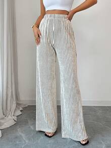 SHEIN Elenzya Women's Striped Print Pocket Elastic Waist Casual Pants, Spring/Summer - Apricot - View 1