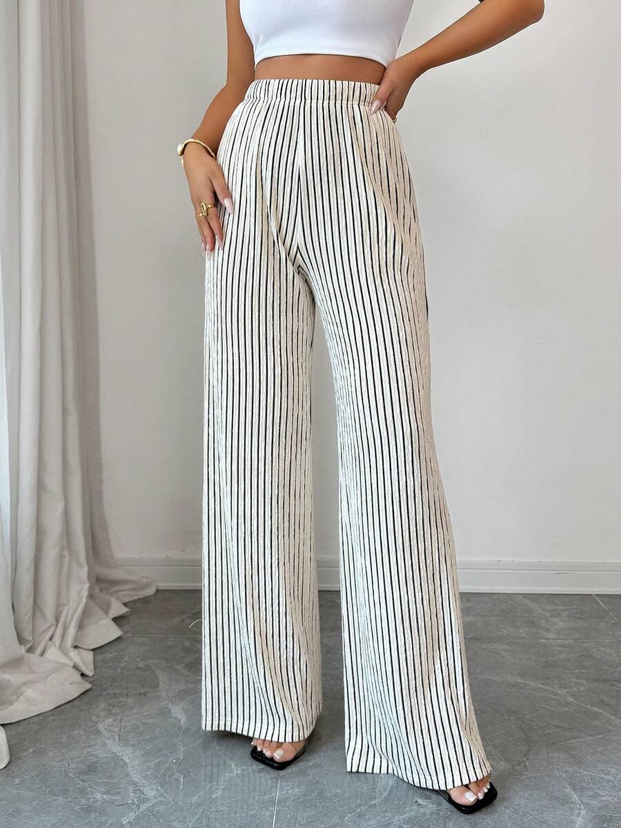 SHEIN Elenzya Women's Striped Print Pocket Elastic Waist Casual Pants, Spring/Summer - Apricot - View 1