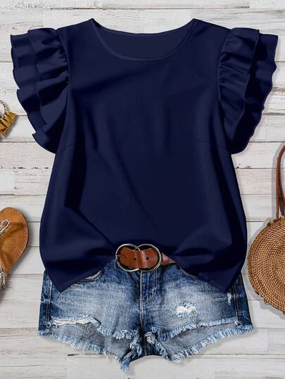 Mellowie レディース カジュアル 無地 フリル襟ブラウス、通勤、夏シーズンに適しています